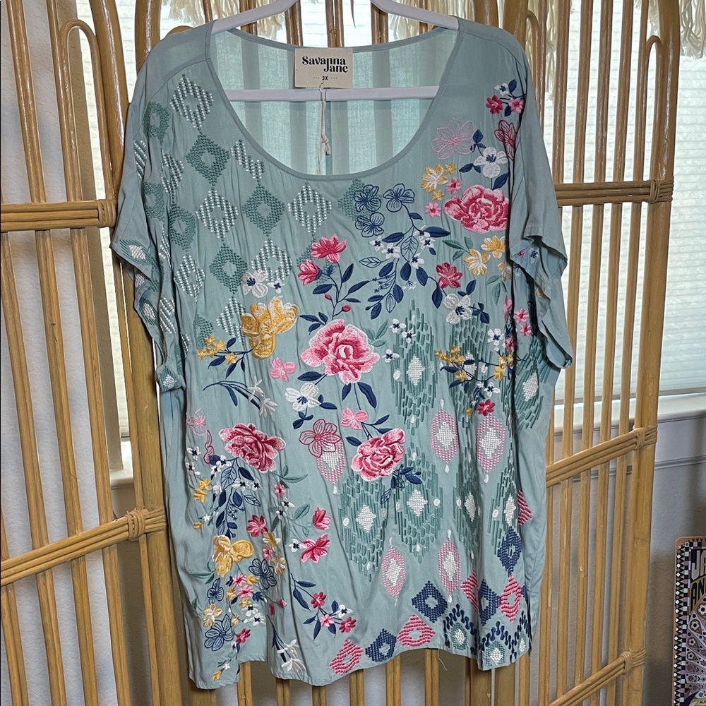 Savanna Jane Sage Green Floral Embroidered Short Sleeve Blouse